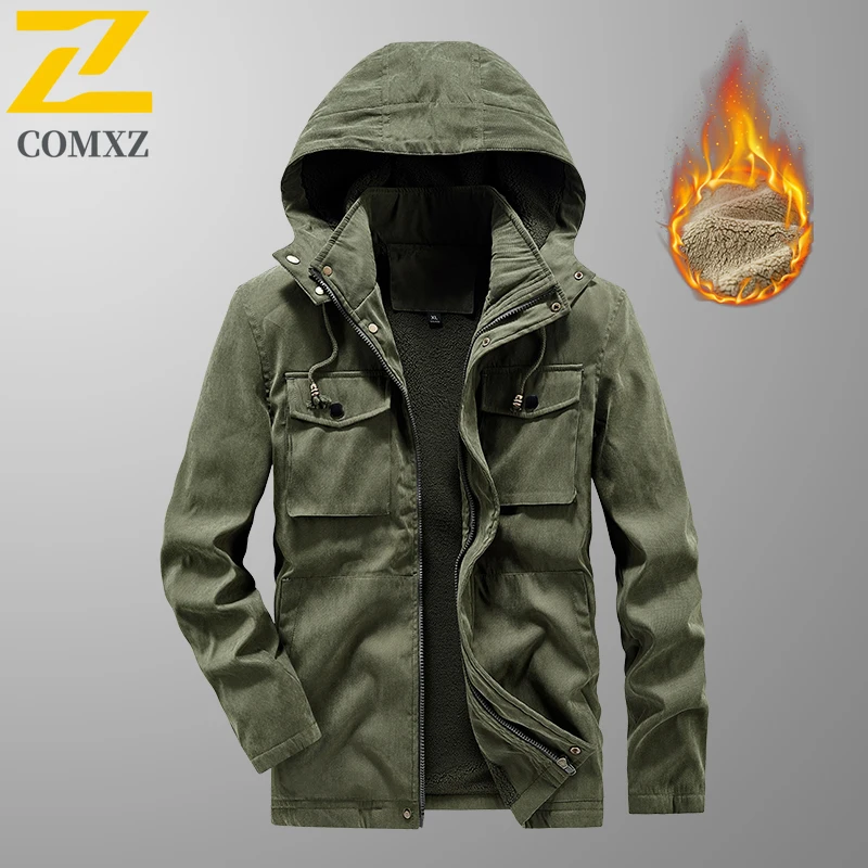 الرجال معطف القطن الخريف الشتاء الرجعية غسلها سميكة المخملية مقاومة البرد ودافئة مقنعين سترة معطف في الهواء الطلق سترة بسحاب عادية #5