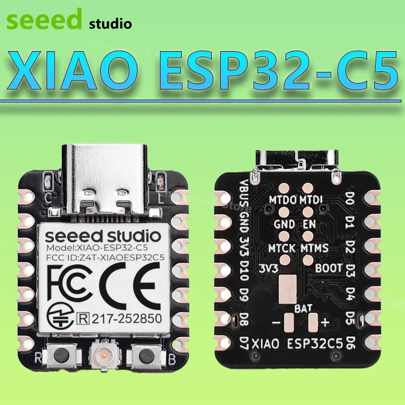 

ESP32-C5 sXIAO 2.4 GHz and 5 GHz dual-band Wi-Fi 6, Bluetooth 5 (LE), and IEEE 802.15.4 (Zigbee, Thread)