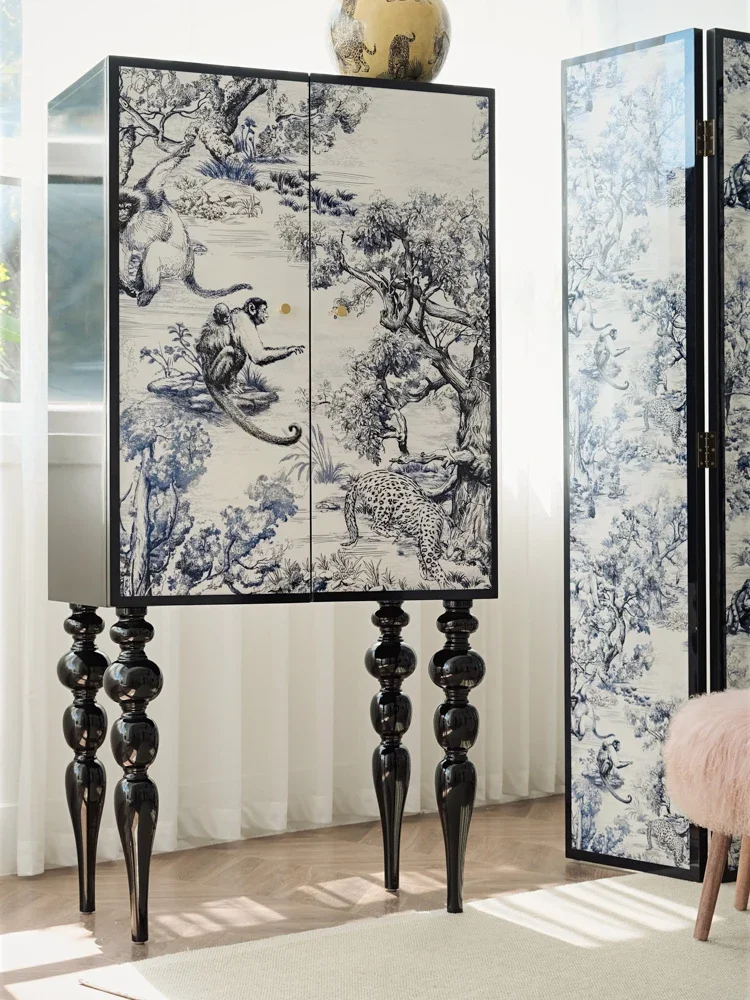 خزانة عمودية فرنسية مصنوعة من الخشب المطلي بالفن، وكابينة المدخل، والحبر الأزرق e والأبيض الجديد C hinese sty le #2