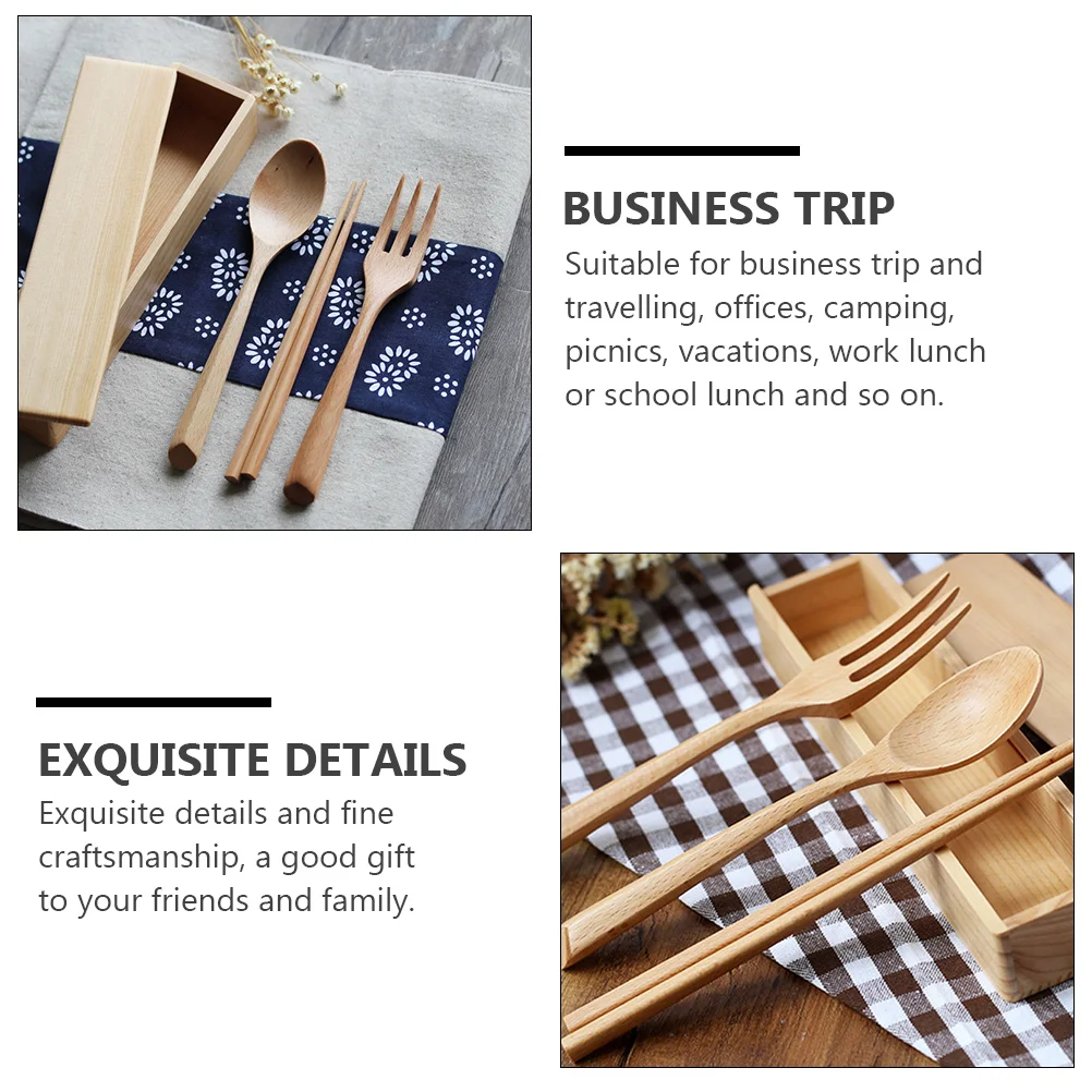 

Wooden Tableware Set 1 Spoon 1 Fork Chopsticks Case Portable Travel Camping Picnic Japanese Style Flatware Dining Utensils