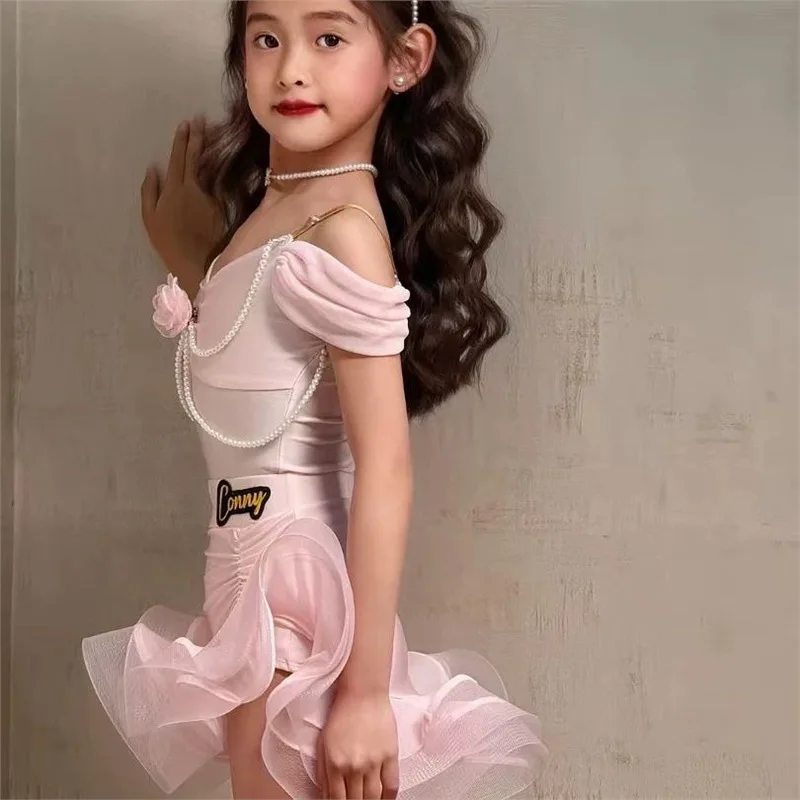 

Детский милый пушистый костюм принцессы для латинских танцев, розовый тренировочный костюм без рукавов на подтяжках для танцев для девочек
