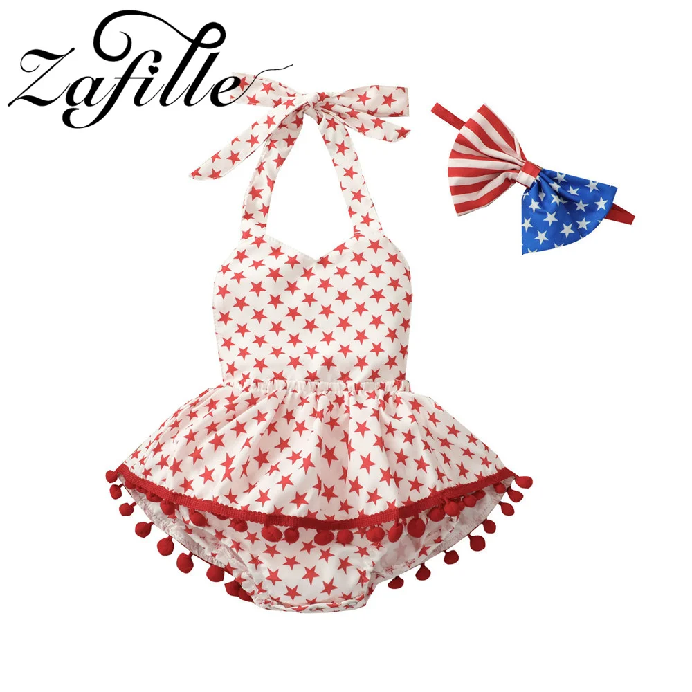 

ZAFILLE 4th For July Kids Girls Outfits Stars Printed Newborn Bodysuit 2Pcs Toddler Baby Clothes Bandage Romper Infant Sleepwear