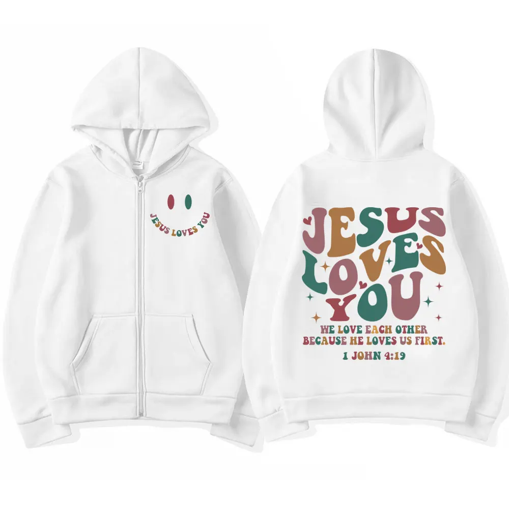 Limited Edition Jesus Loves You Graphic Zipper Hoodie Men Women Fashion Y2k Style Zip Up Sweatshirts Street Trend Vintag Hoodies