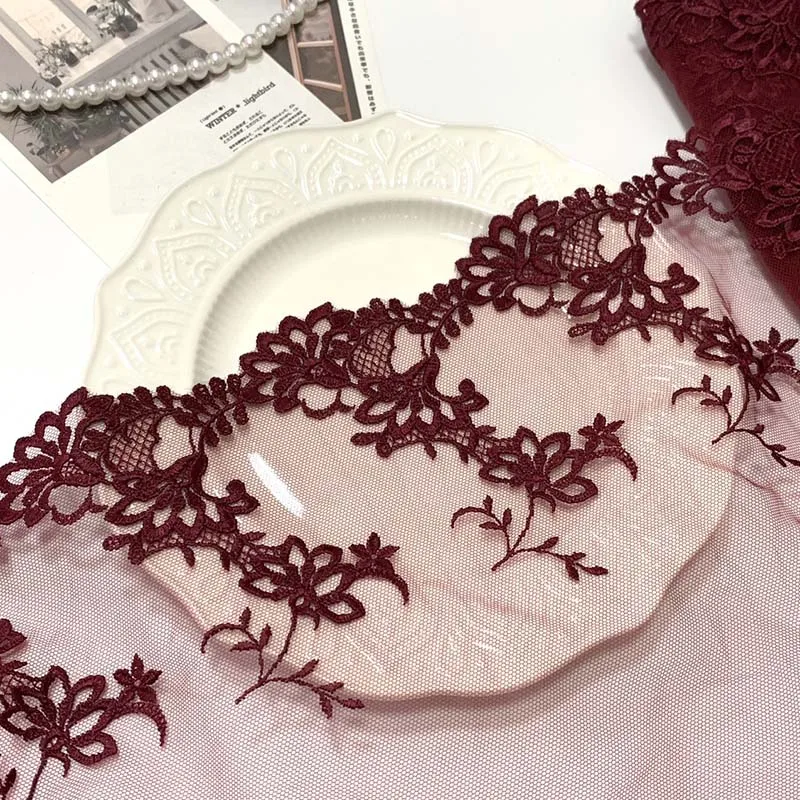 30Yds Dark Red Embroidery Lace DIY Crafts Sewing Supplies Decoration Accessories For Bikini Underware Fabric