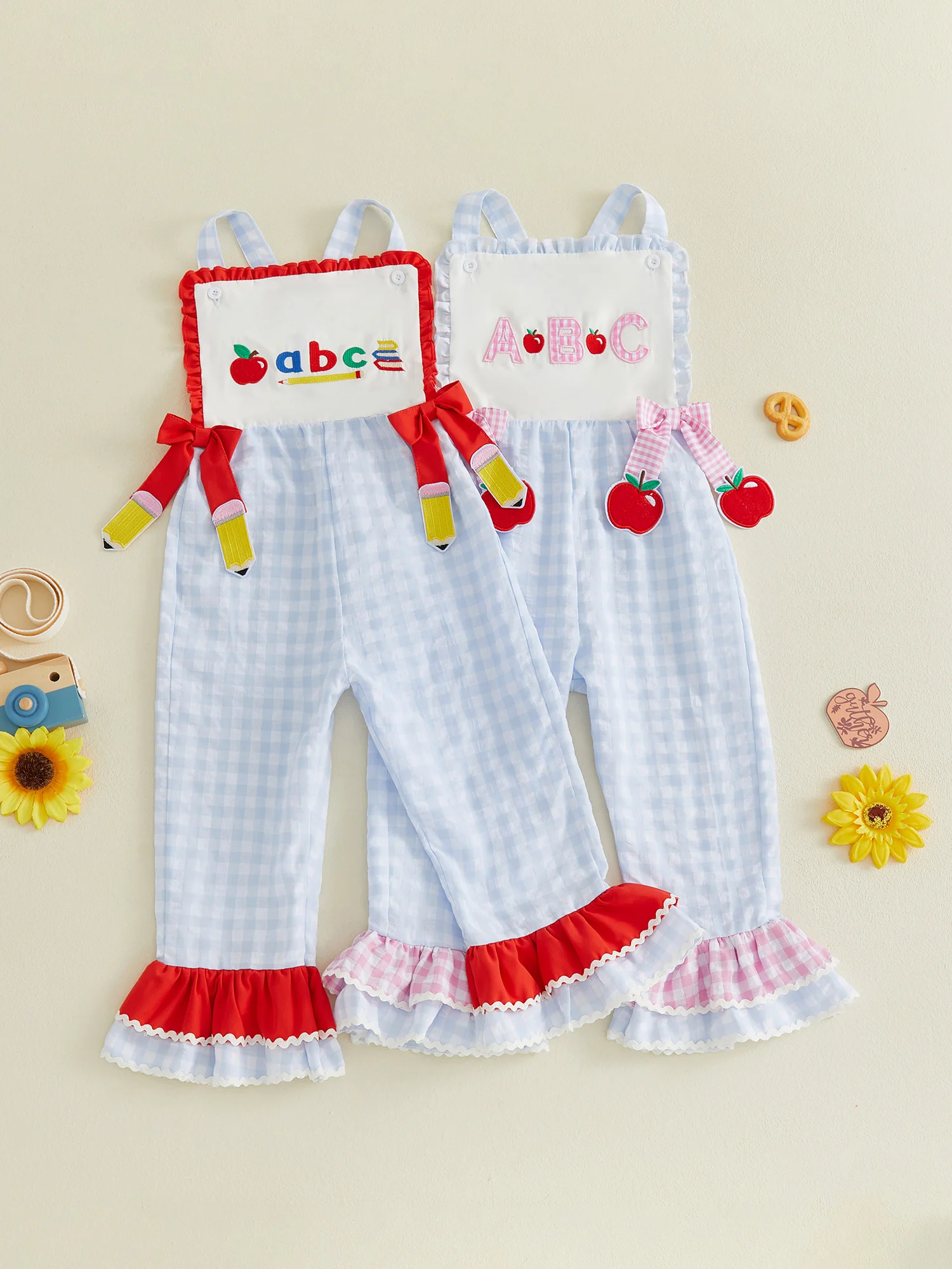 

Cute Toddler School Uniform Dress with Bow Tie and Apple Embroidery Plaid Sleeveless Jumpsuit Bell Bottoms Romper Casual