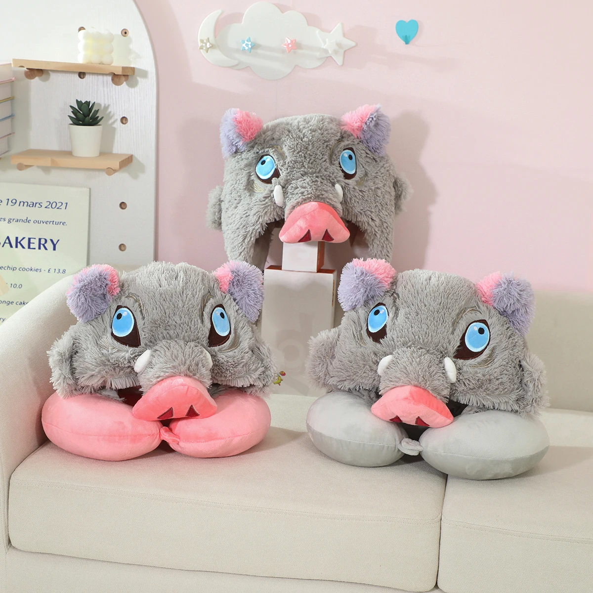 Anime Around Hashibira Inosuke Plush Hat Cloak Wild Boar Head U-shaped Hooded Neck Pillow Cosplay Props Travel Blackout Pillow