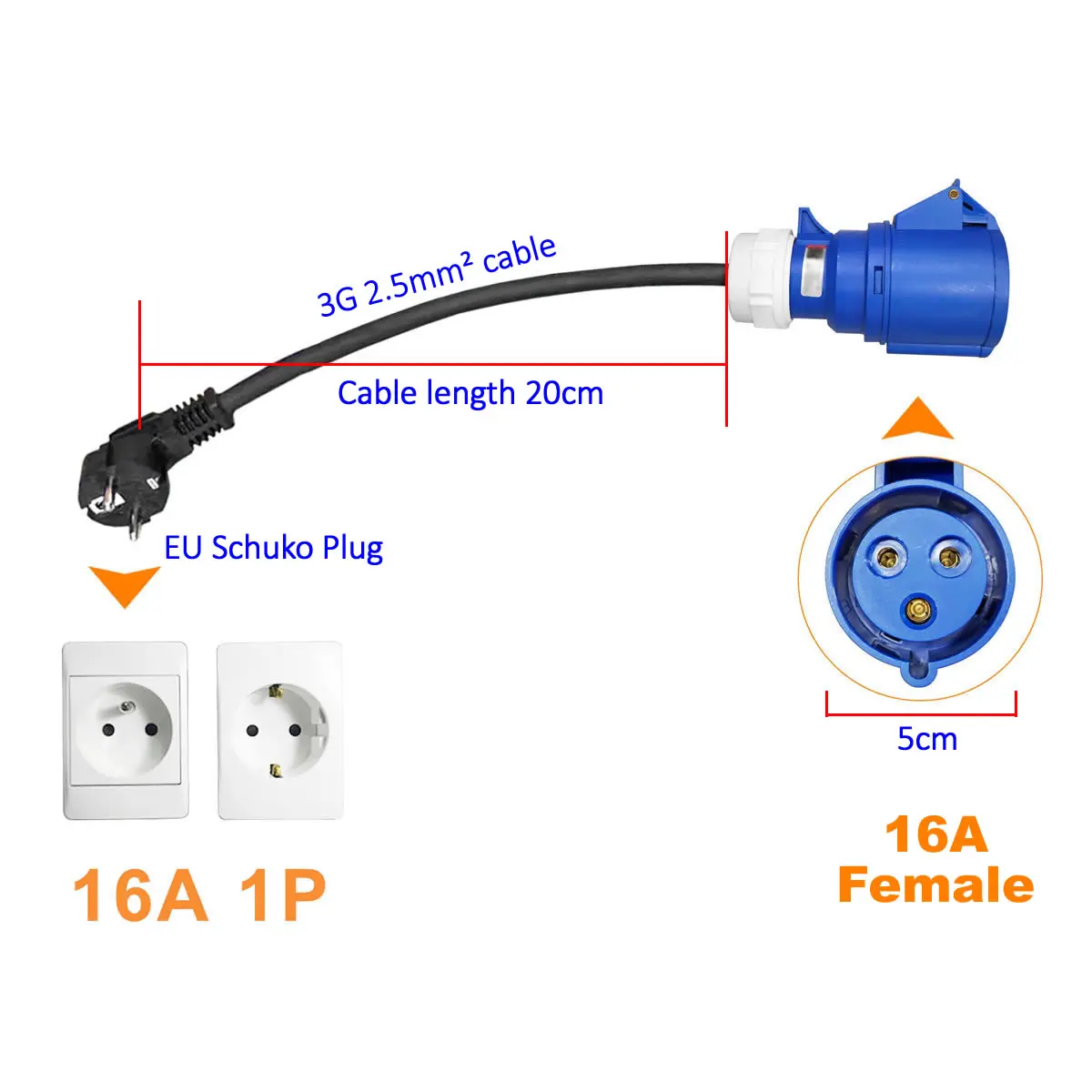 Adaptador de carga para vehículo eléctrico, enchufe CEE azul de 16A a adaptador de enchufe Schuko UE de 16A para cargador EV portátil