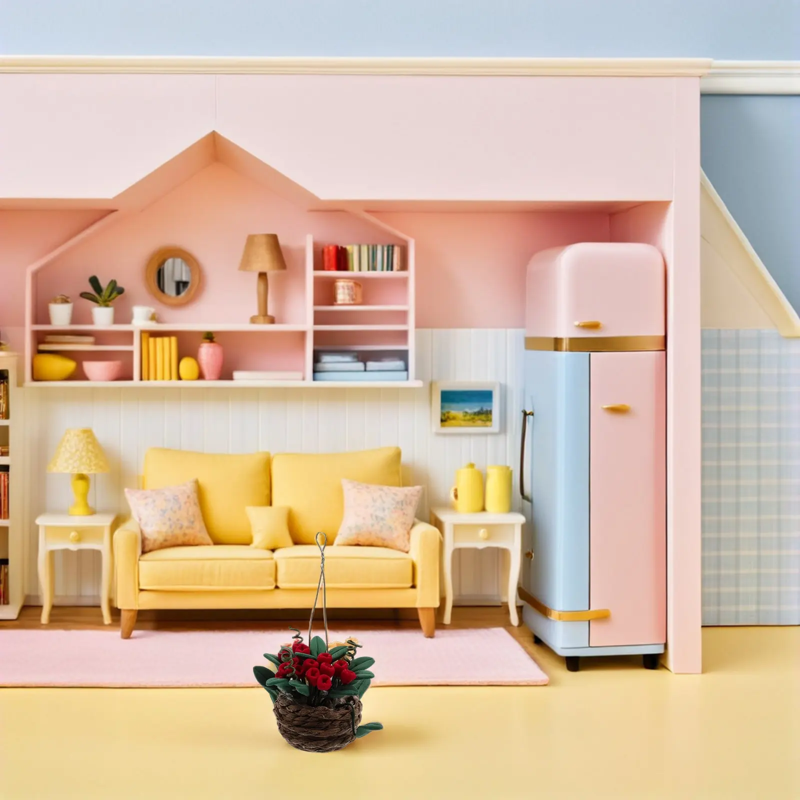 

Миниатюрная подвесная корзина с искусственными цветами, имитация маленьких горшечных растений, ручная работа, плетеная мини-корзина из ротанга для сказочного сада, кукольного домика, подвесная