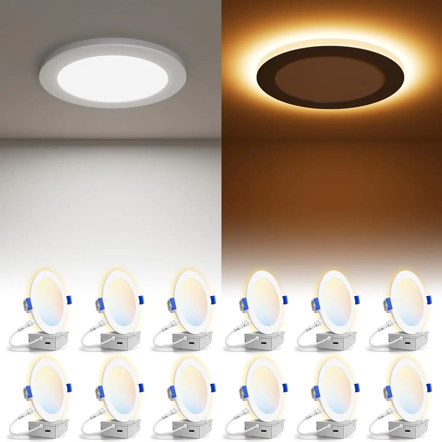 12 Pack 6 Inch Recessed Light with Night Light, 5CCT Selectable 2700K-5000K, 12W=130W, 1080LM Dimmable, ETL Listed
