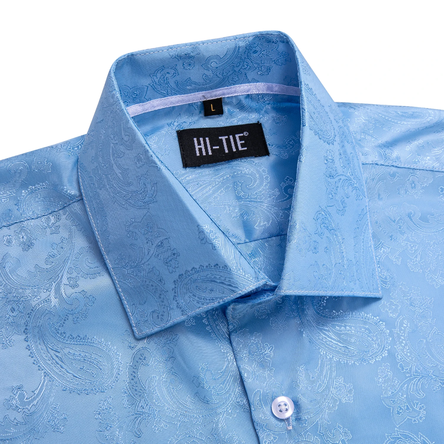Hi-Tie Silk Sky Blue Mens Shirts Paisley Jacquard Woven Cool Short Sleeve Shirt For Men Male Gift for Father Son Husband Big XXL