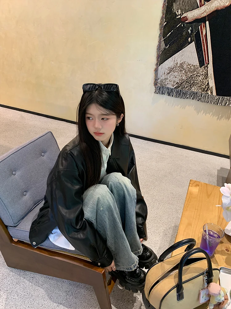 Fall 2025 New Vintage Bla Leather Jaet Women's American Dad Coat Long Sve Zipper Closure Loose Fit Commute Sle