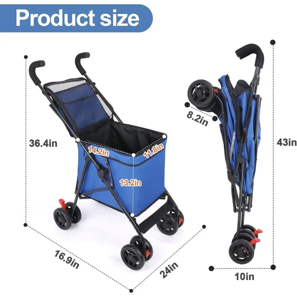 Compact Outdoor Dog Stroller, 60 lbs Capacity, Shopping Cart, Ideal for Camping, Sports, and Gardening (Blue)