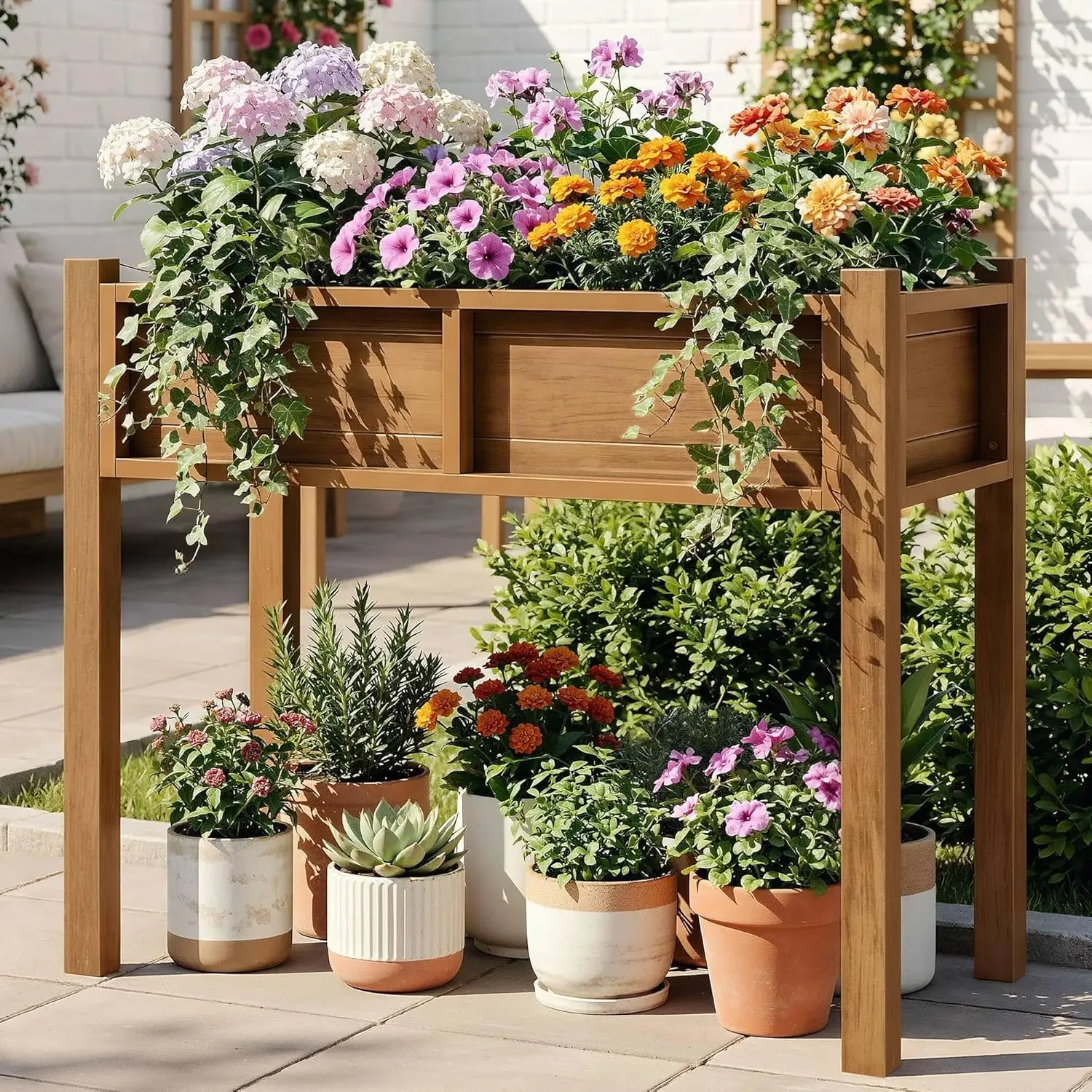 

Raised Garden Bed HDPE with Legs Poly-Wood Weatherproof Elevated Planter Box Outdoor with Drainage System Patio Planters