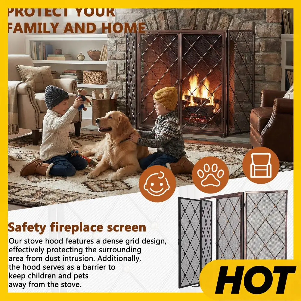 

32inch Fireplace Screen Wrought Iron Metal Fireplace Spark Guard Cover Baby Safe Proof for Gas Log Hearth Outdoor Pit