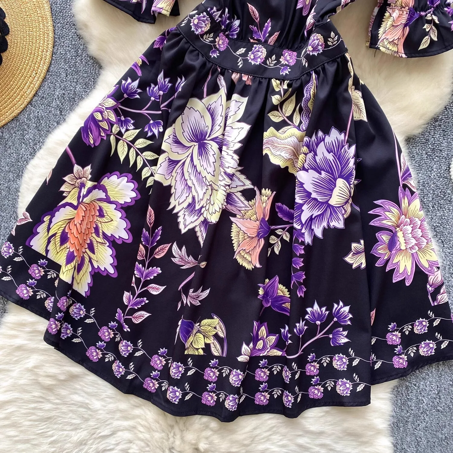 2025 Spring Summer Holiday Floral Short Dress Shirt Women Single Breasted Print Purple Elegant V Neck Bohemia Beach Vestidos