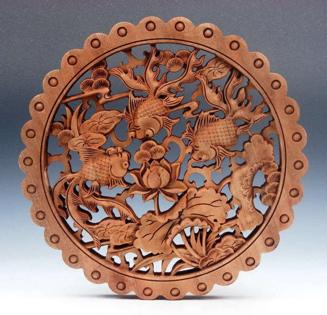 

Camphor Wood 3 Swimming Goldfishes & Lotus Themes Carved LARGE Hanging Panel statues for decoration