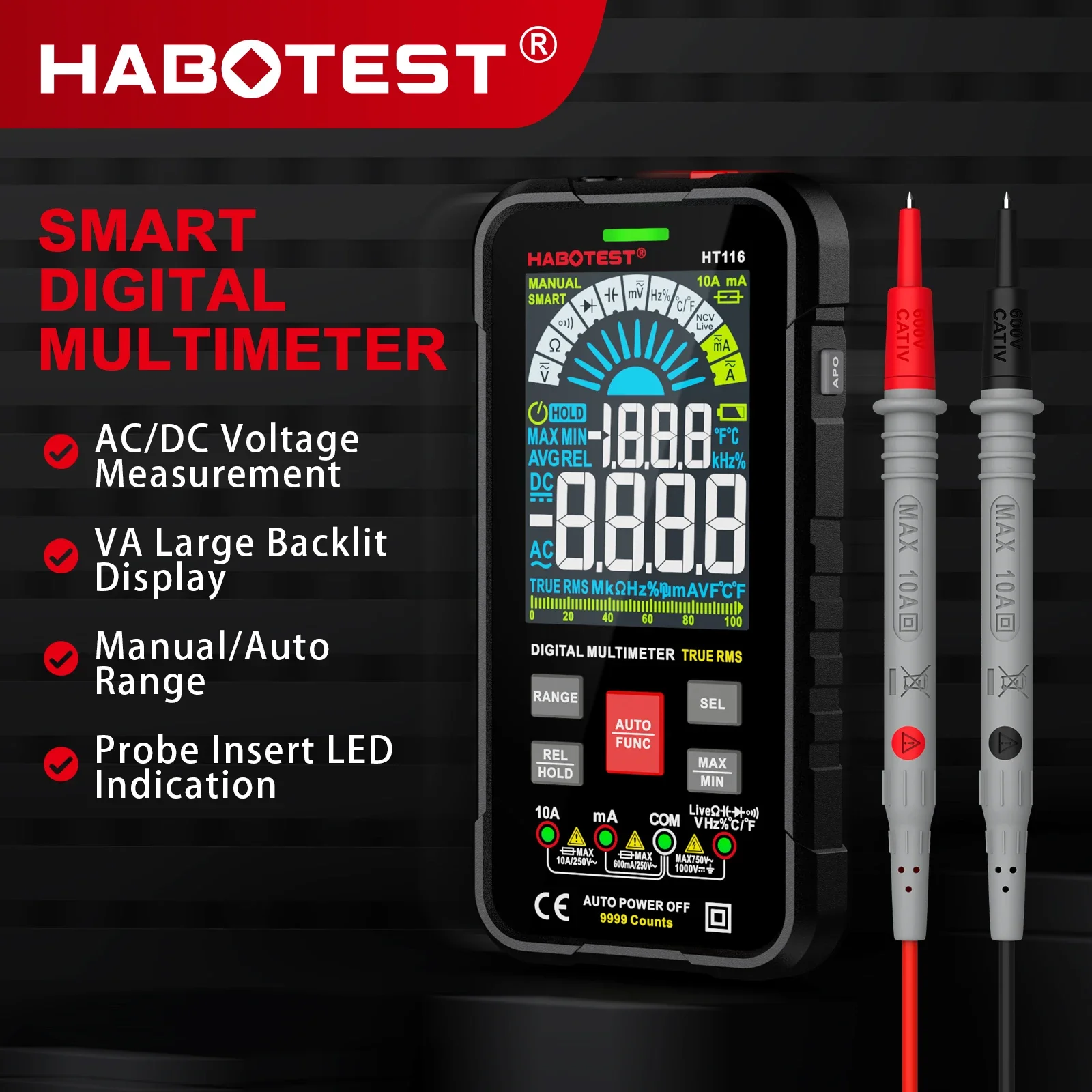 HABOTEST HT116 Digital Multimeter 9999 Counts Auto Range 1000V 10A Tester Meter Ohm Hz Capacitance True RMS Smart Multitester