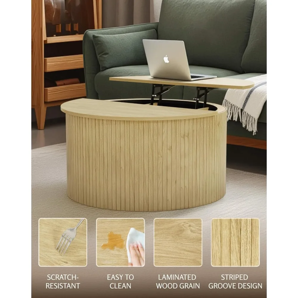 طاولة قهوة مستديرة مخددة مع سطح رفع، طاولة قهوة طبيعية بدائرة صغيرة مقاس 31.5 بوصة مع مساحة تخزين لغرفة المعيشة
