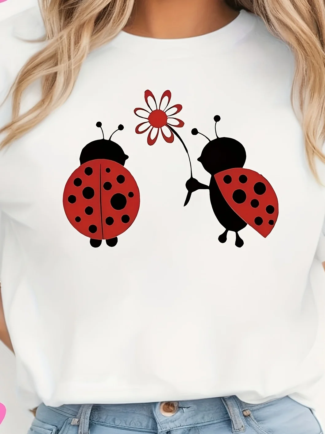 

Women's Cute Two Ladybug Print Sleeve Crew Neck Blouse with Dots Medium Comfortable Casual Attire for Parties Picnics Outfits