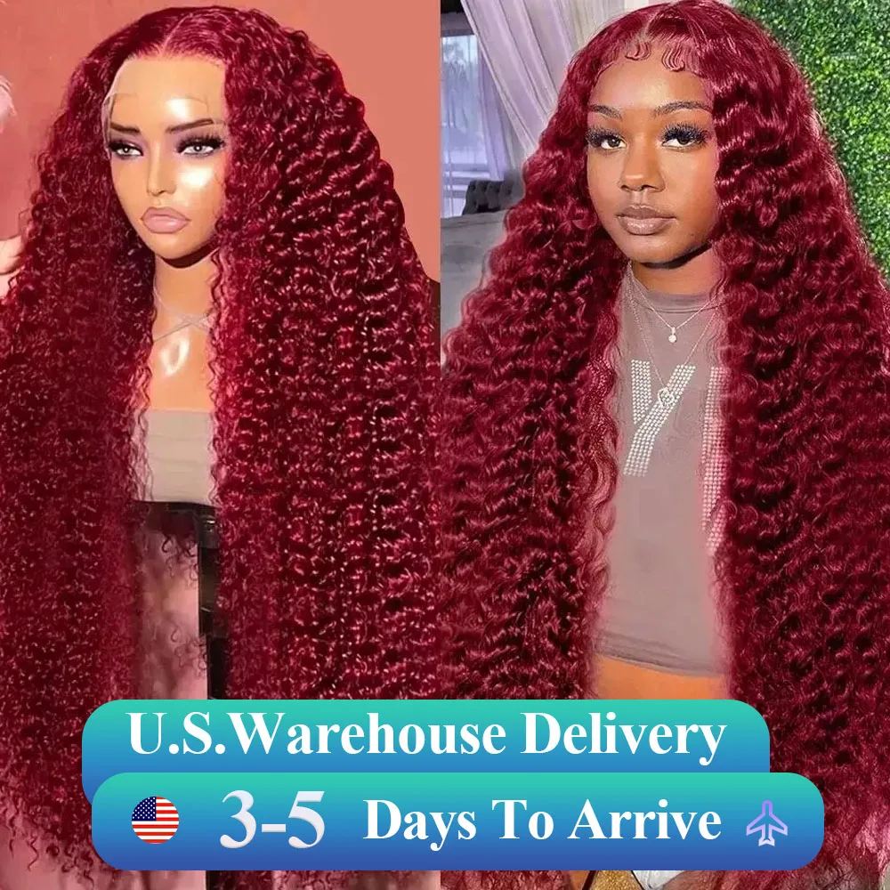 Kepadatan 250 30 inci 13x4 99J Burgundy gelombang dalam renda Frontal Wig keriting renda depan HD renda Frontal rambut manusia Wig untuk wanita