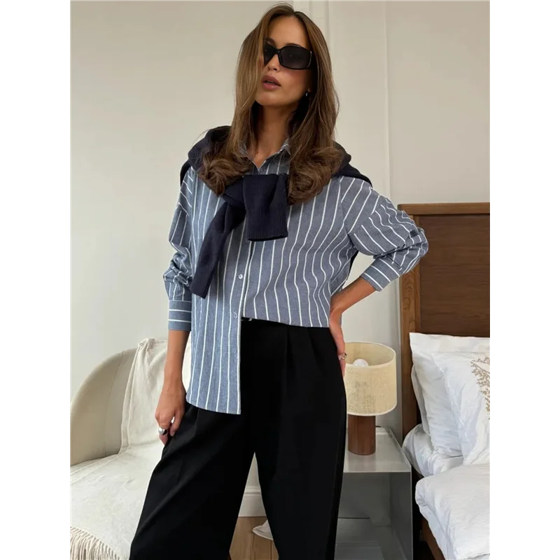 Koszule damskie zapinane na guziki CGS, klasyczne koszule w paski z długim rękawem i kołnierzykiem, do pracy biurowej, bluzki z kieszenią.