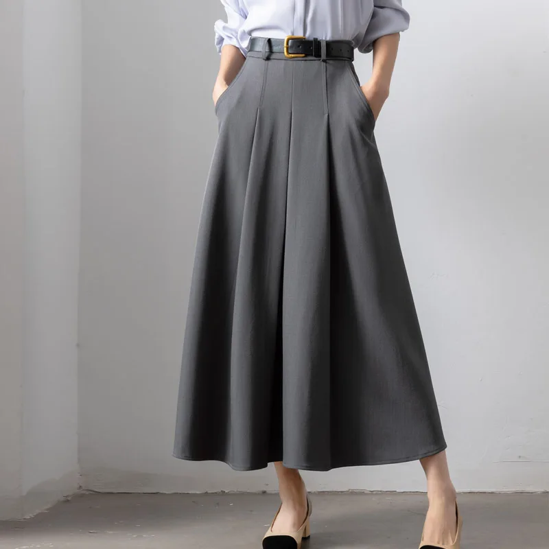 

Autumn Elegant High Waist Women's Umbrella Skirts Pockets 2025 New Solid Casual Loose Office Pleated A-line Long Skirts Female