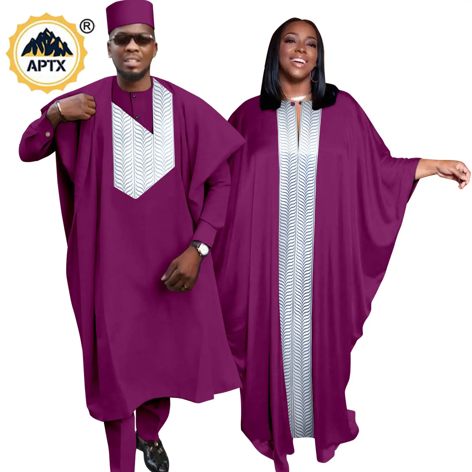 African Dresses for Women Abaya Matching Men Outfits Muslim Robes Top and Pants Cap Sets Bazin Riche Couples Clothes YT23C003