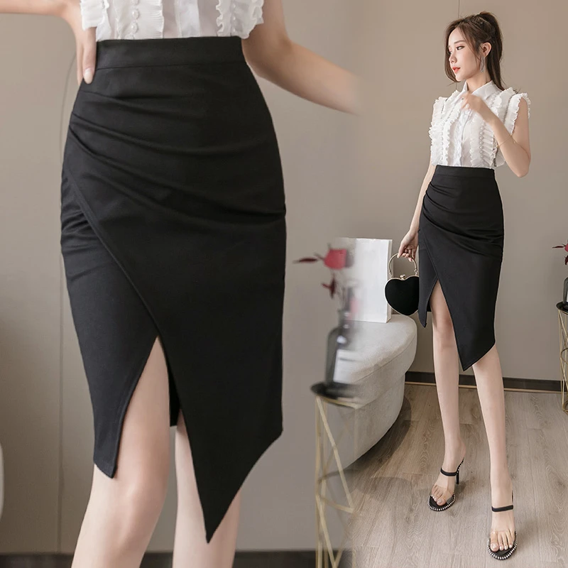 Seoulish 2024 New Black Irregular Women's Wrap Skirts Vintage High Waist Front Split Sheath Pencil Office Skirts Female