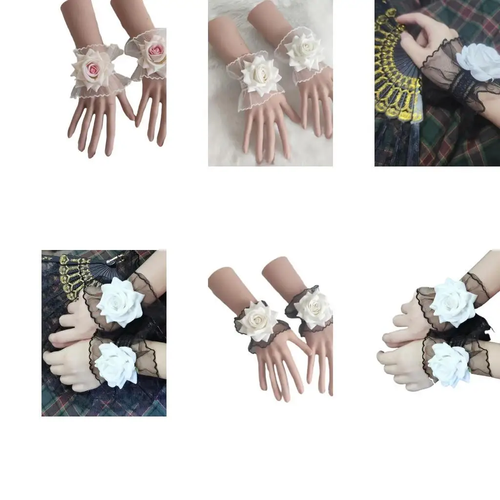 

R1WE Y2K Hand Sleeve Wrist Cuffs Ruffled Floral Lace Elastic Floral Rose Lace