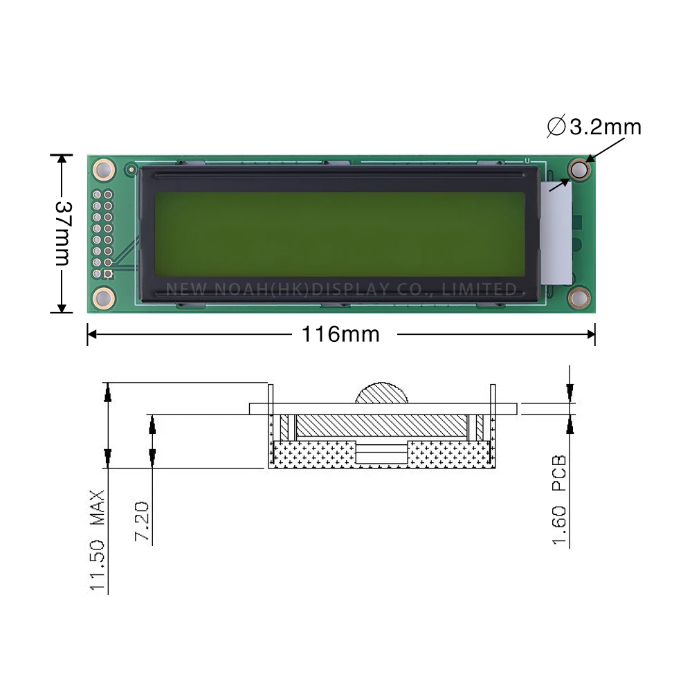 Gelbgrüner Film 2002a Zeichen anzeige bildschirm 02*20 lcd 116*37*11,3mm 16-poliger Controller st7066u mehrsprachige Schrift bibliothek