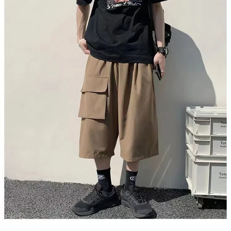 Street Casual Straight Shorts Summer Elastic Waist Loose Solid Thin Pockets Patchwork Cropped Pants Fashion Trend Men Clothing