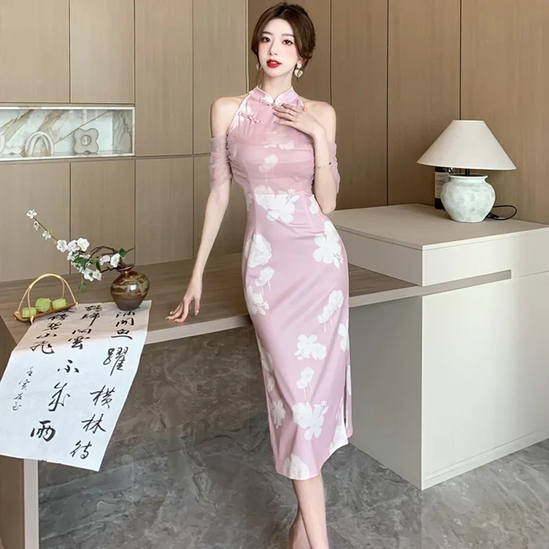 

Новое улучшенное женское платье Ципао Cheongsam в китайском стиле с сетчатыми рукавами, элегантное классическое длинное платье без рукавов, сексуальное платье с принтом