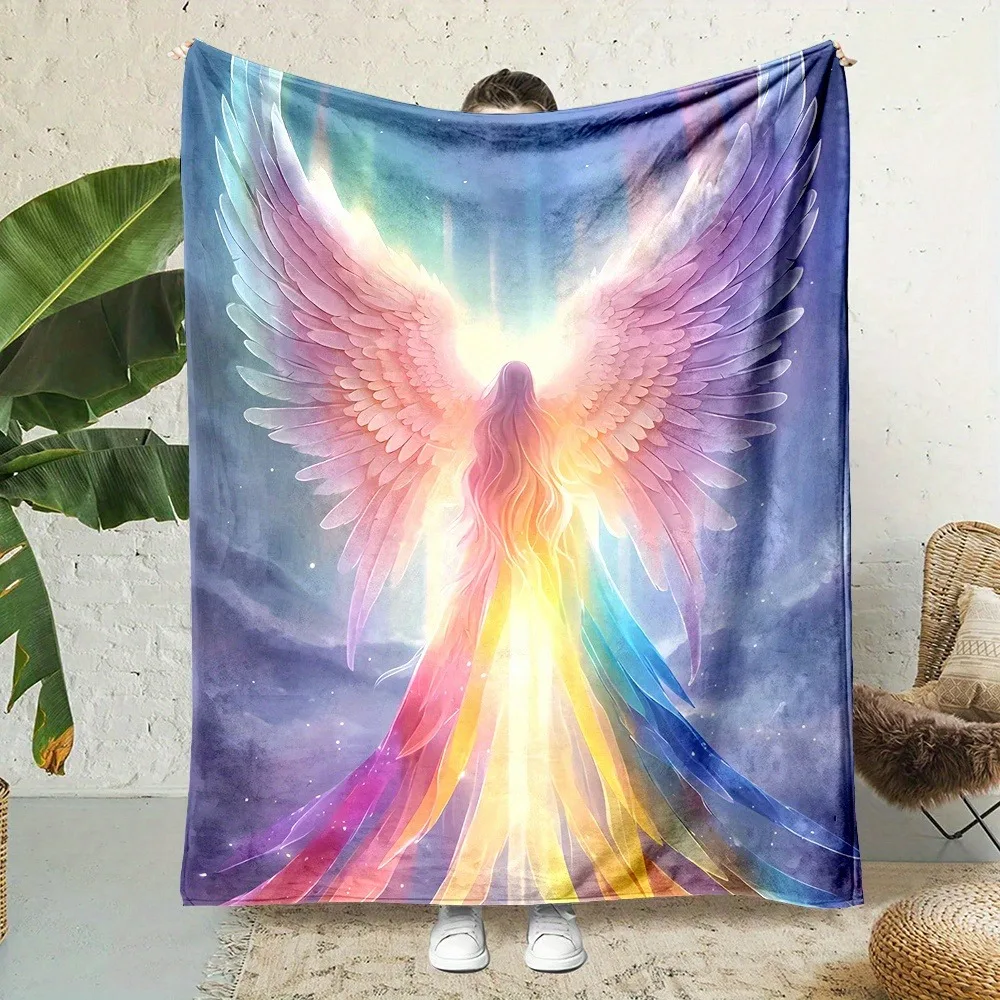

Enchanted Rainbow Angel Wing Throw Blanket - Cosmic Glow Pattern Cozy Sofa Bed Cover for Magical Modern Home Decor