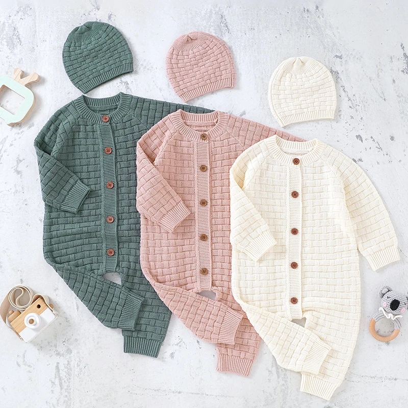 Autumn New Toddler Baby Boys Girls Knitted Romper Infant Kids Jumpsuit With Hat Newborn Knitwear Outfits 0-24 Months Clothing