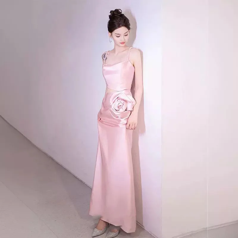 

Ele Розовое вечернее платье с бретельками, бальное платье, женский халат с высокой талией, средней длины, без насадок, роскошное специальное платье Ocn Dr