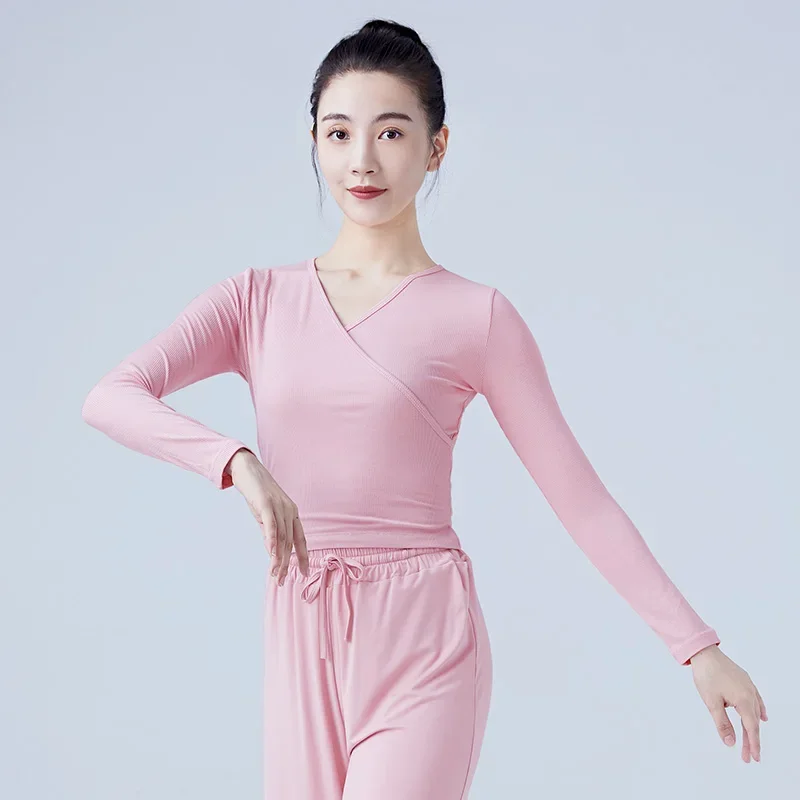 Women Girl Ballet Wrap Tops Bandage Knitted V Neck Long Sleeve Dancewear Autumn Training Clothing Dance Costumes