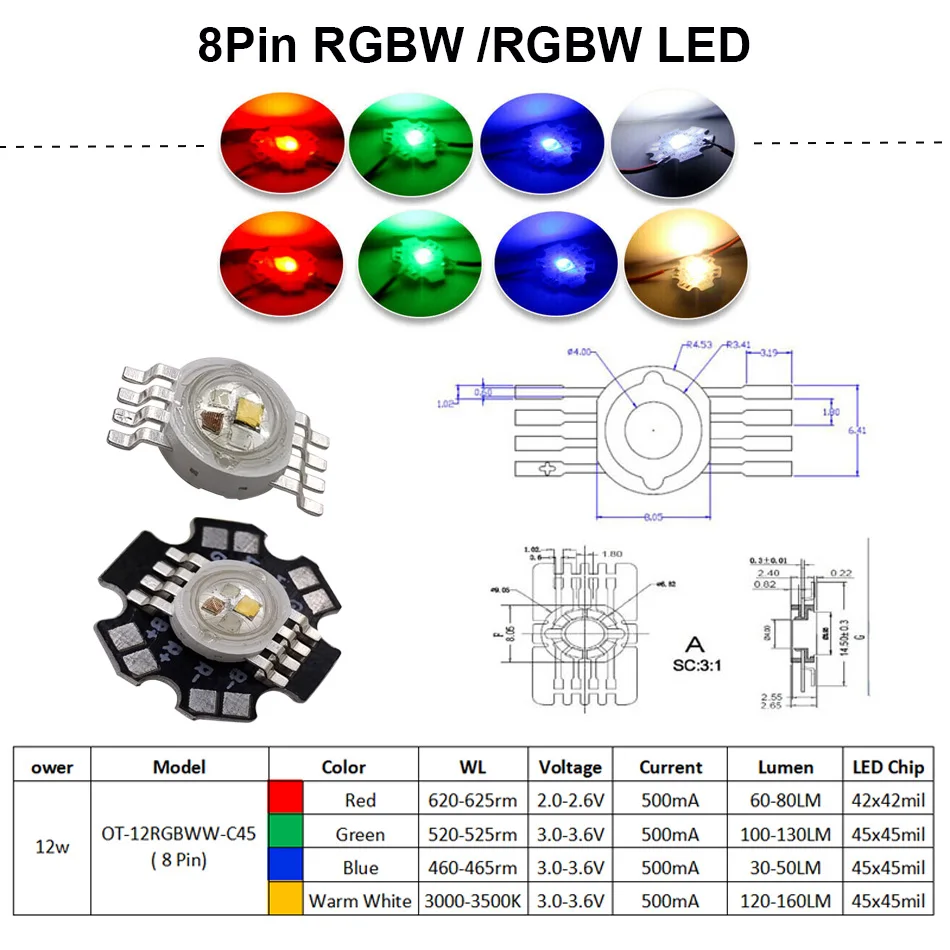 LED RGBW RGBWW 4W 12W 4X3W 4X1W High Power chip Beads Lamp 8pin 4 in 1 Diode Colorful  Sources DIY For Stage Spot Lighting