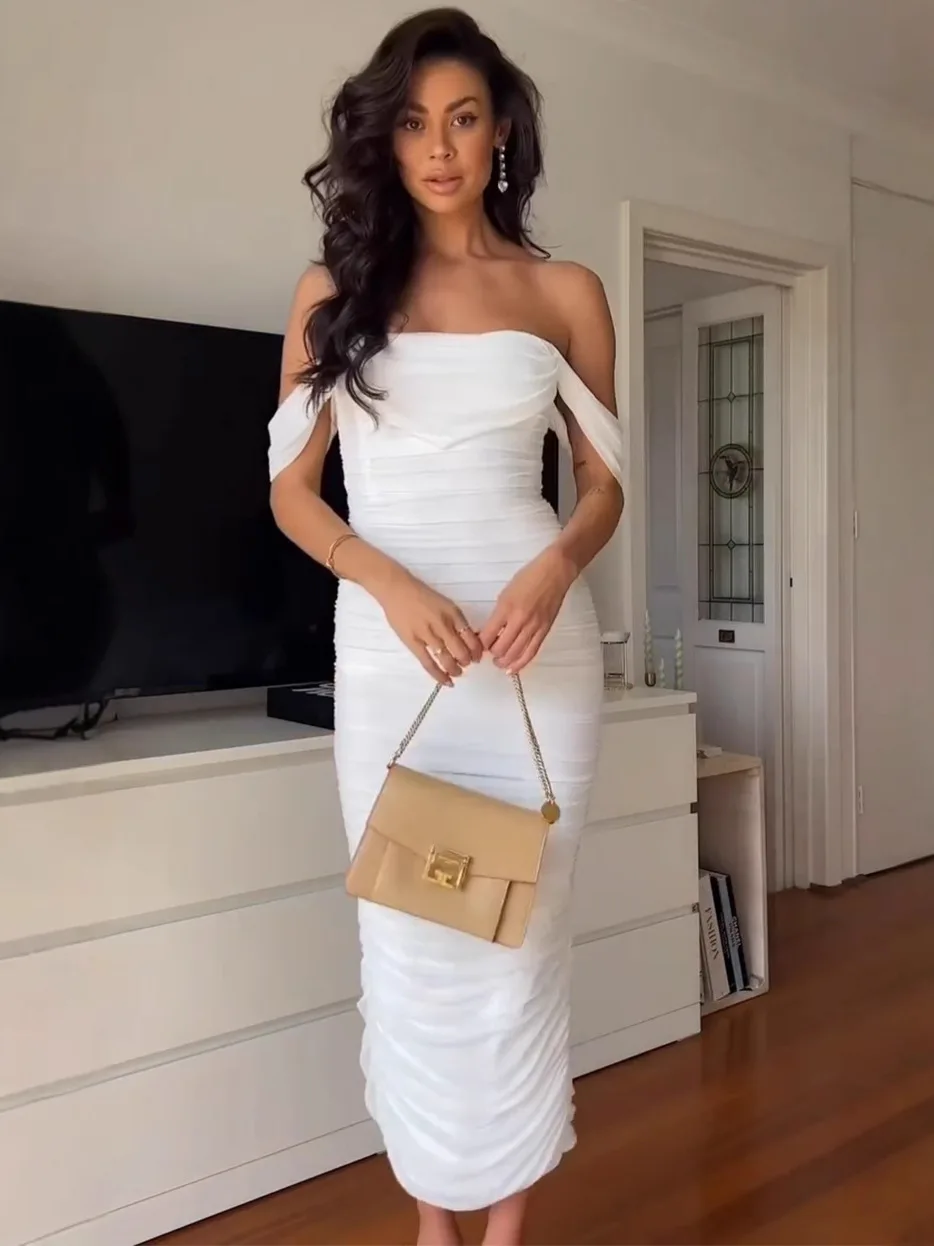 

Women's Off Shoulder Ruched Mesh Long Corset Dress Backless Fishbone Bodycon Elegant Fashion Party Club Maxi Dresses