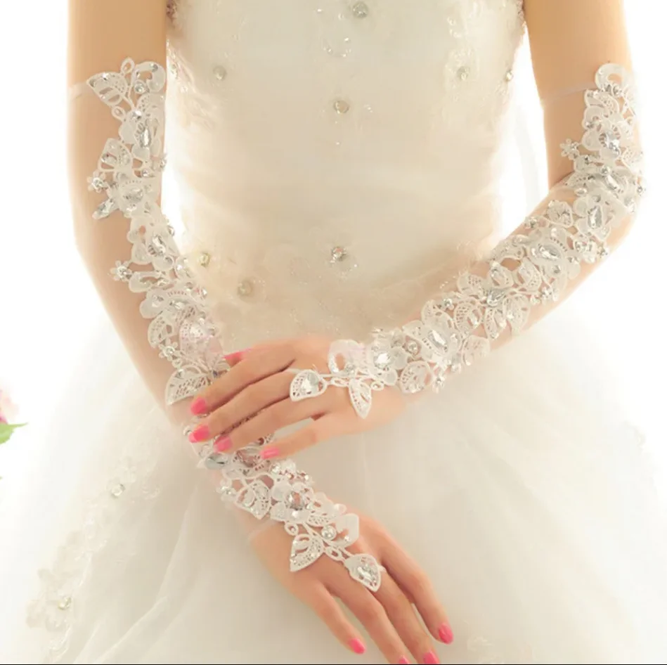 Opera Length Long Wedding Dress Gloves Crystals Diamond Gauze Embroidery Elegant Womens Lace Bridal