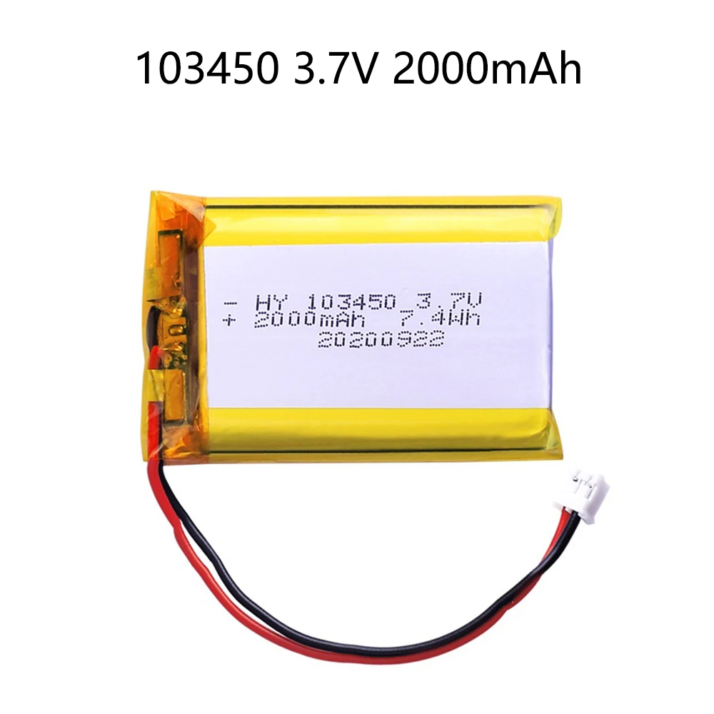 100% prawdziwa pojemność 3,7 V 103450   Akumulator litowo-polimerowy o pojemności 2000 mAh, do aparatów fotograficznych, GPS, głośników Bluetooth,