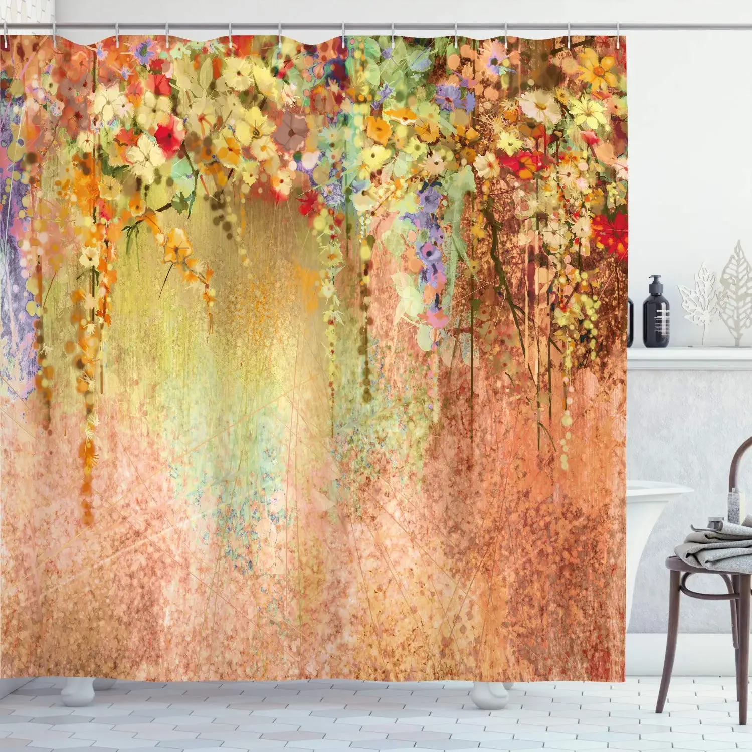 Flower Shower Curtain Abstract Herbs Alternative Medicine Blossoms Ivy Back Florets Shrubs Cloth Fabric Bathroom Decor Sets