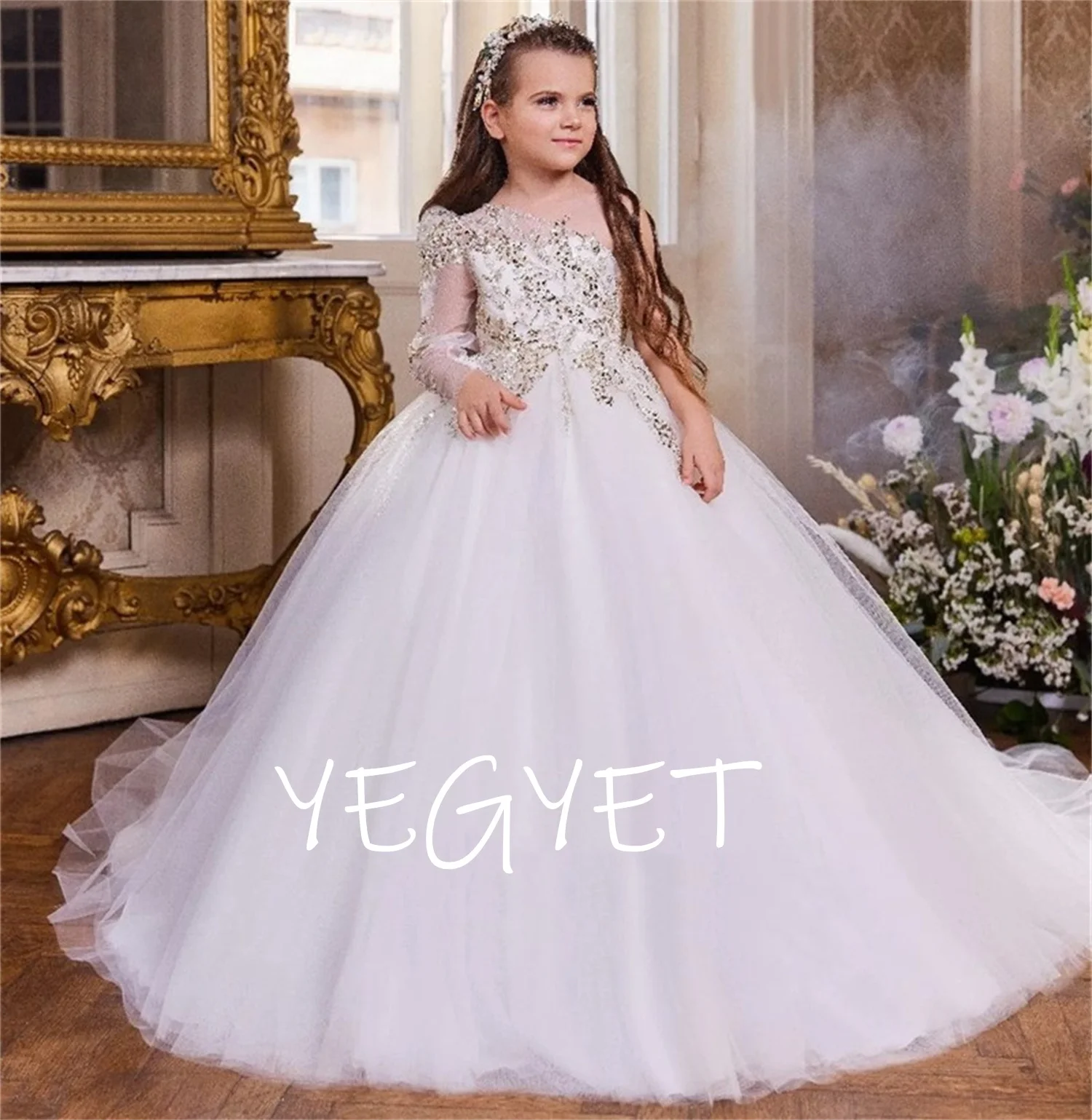 

Elegant One Shoulder Lace Sequined Princess Wedding Party Special Occasion Flower Girl Dress