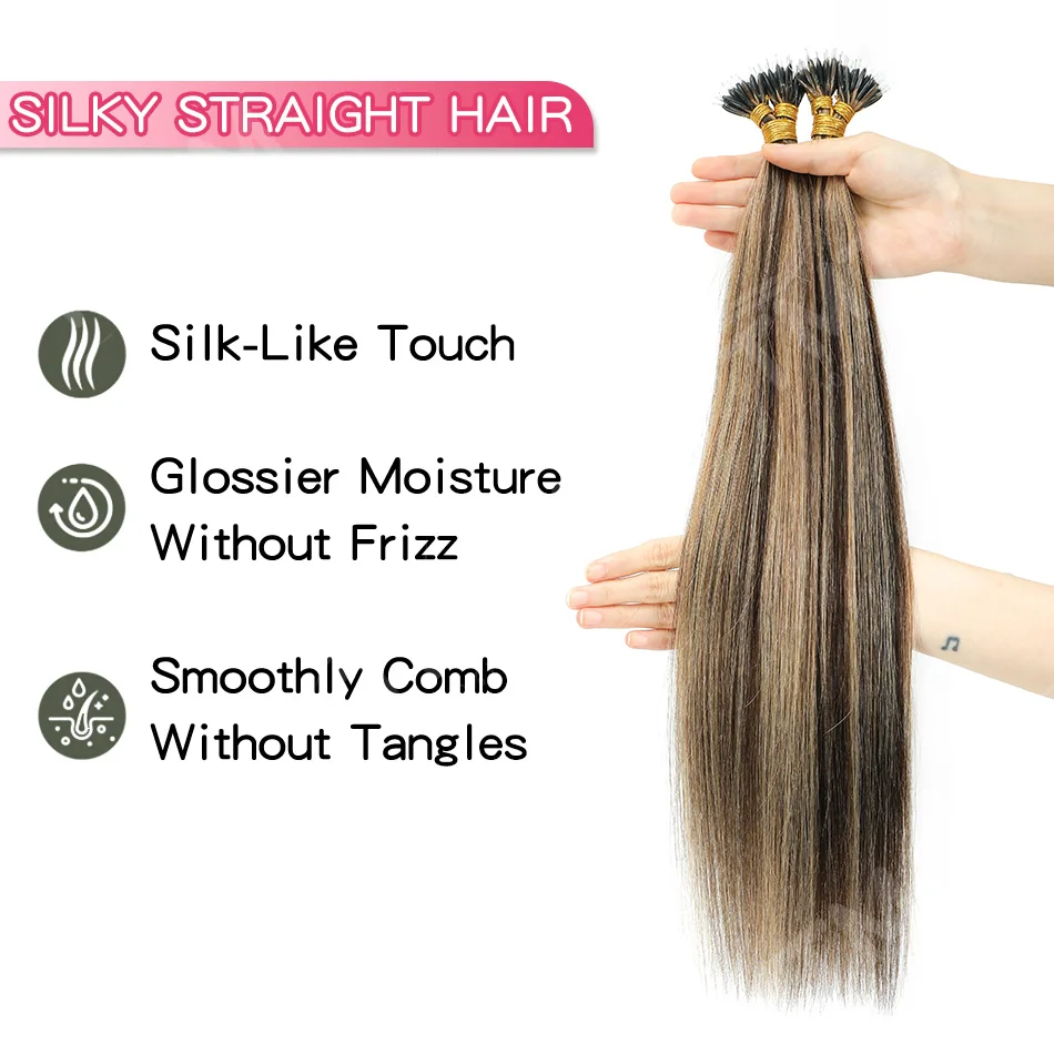 Microlink Nano Ring Human Hair Extension 14-28Inch Straight Brazilian Nano Beads Ring Hair 50g 50 Strands Highlights Human Hair