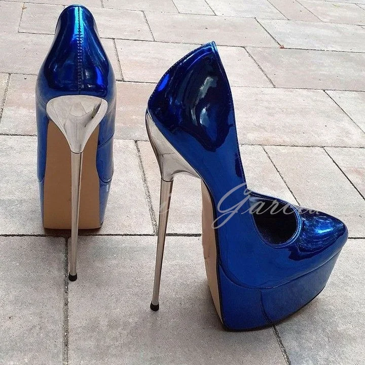

Blue Liquid Shiny Platform Super High Heel Pumps Women Sexy 19cm Metal Silve Heel Steel Pipe Dance Plus Size Stilettos Customize