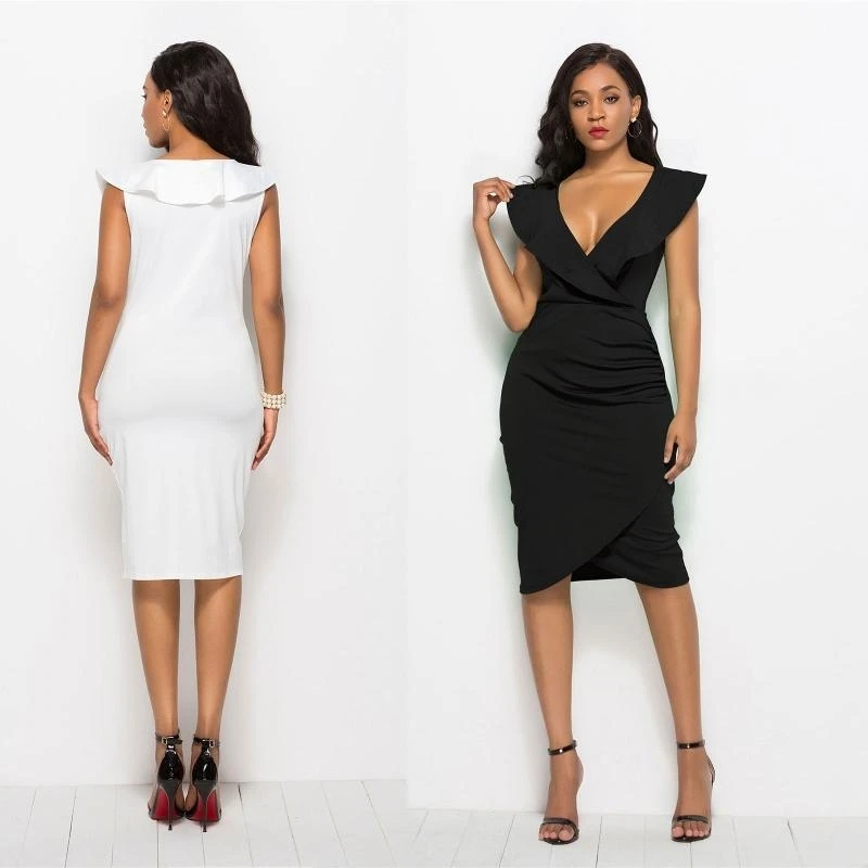 Vrouwen zomer mouwloze gegolfde sexy diepe v-neck bodycon midi potlood jurk solide kleur hoge taille ruches split wrap pakket