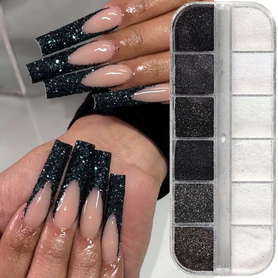مسحوق لامع للأظافر باللون الأسود والأبيض، تأثير مطلي بالسكر قزحي الألوان، تصميم فرنسي أنيق لحفلات الزفاف، رقائق صبغ الكروم اللامعة #4