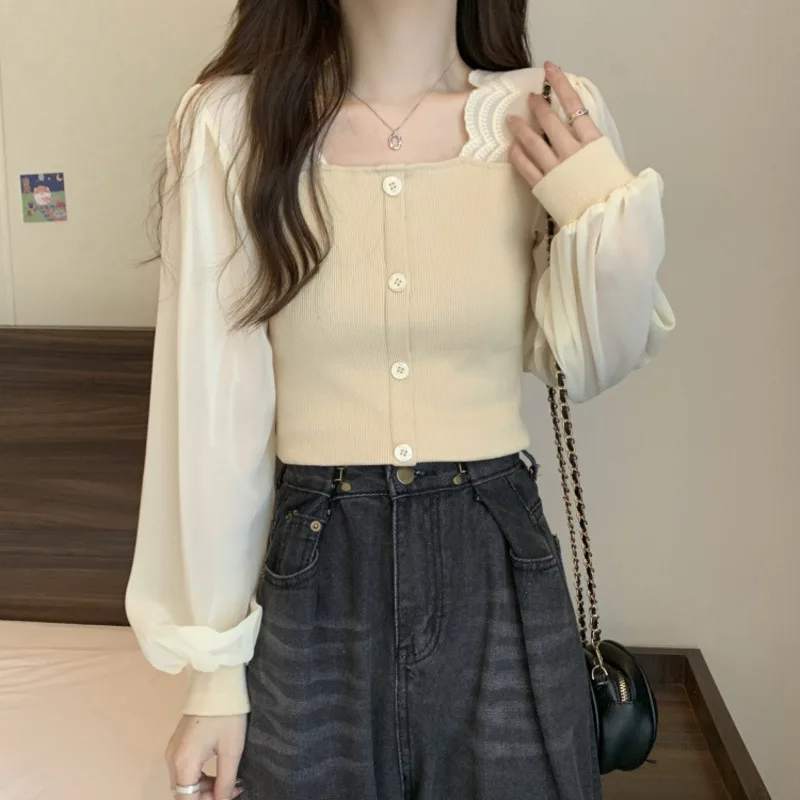 French Splicing Fake two pieces Square Collar Women Knitted shirt jacket Flare Sleeve Unique Slim fit top black beige