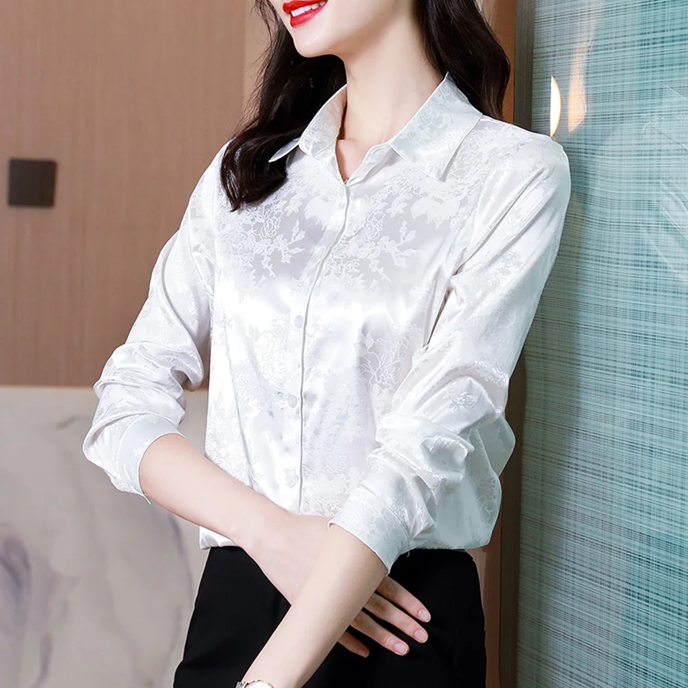 Fashion Jacquard Satin Shirts Women Office Lady Workwear OL Blouse Long Sleeve Casual Tops Elegant Female Clothing