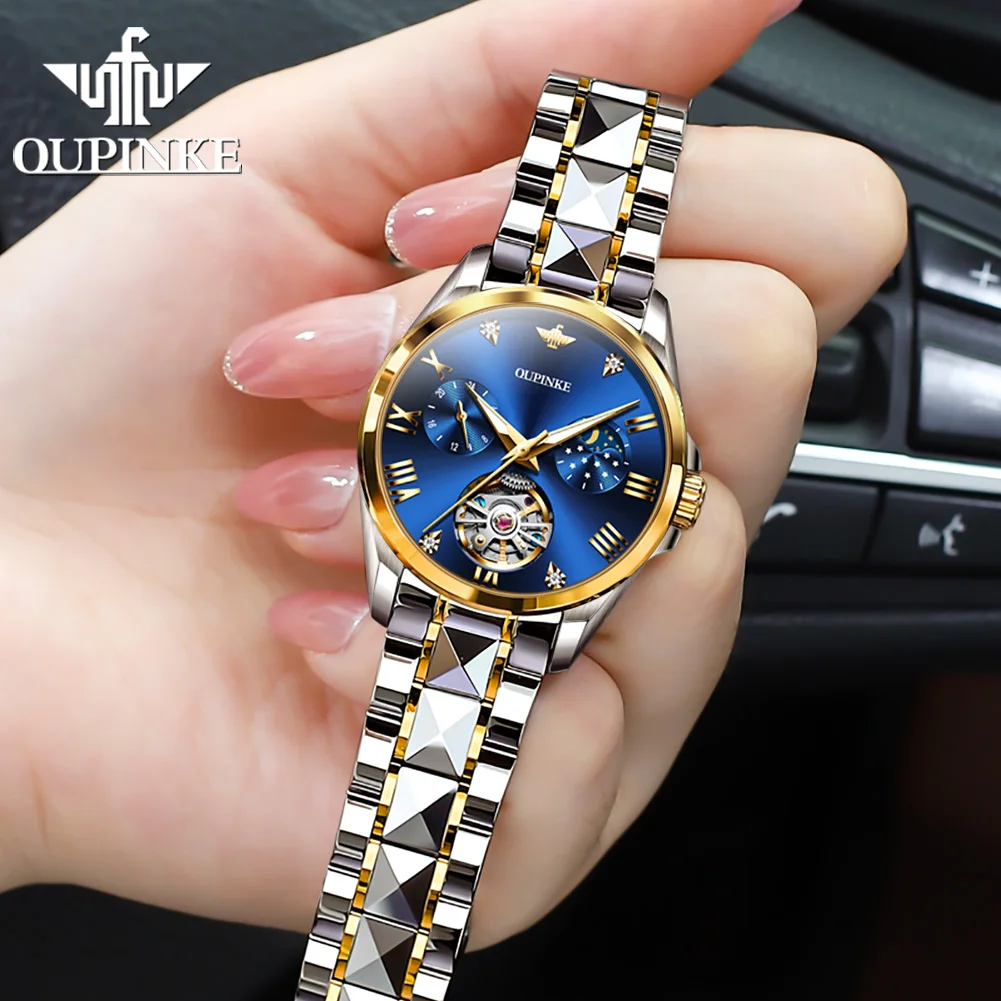 OUPINKE Fashion Luxury Brand Women\'s Watches Elegant Hollow out Moon Phase Automatic mechanical Watch Original Female Wristwatch