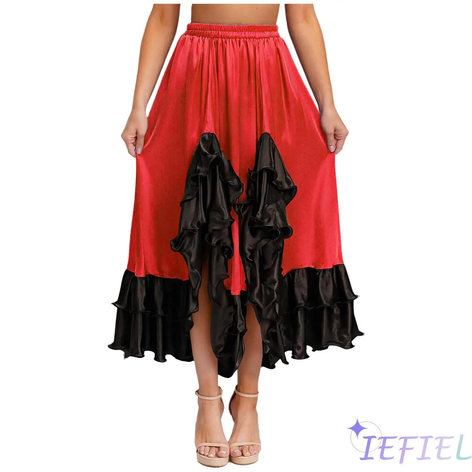 Elegante falda de flamenco para mujer con dobladillo con volantes y tela satinada, perfecta para actuaciones de danza española y práctica de tango